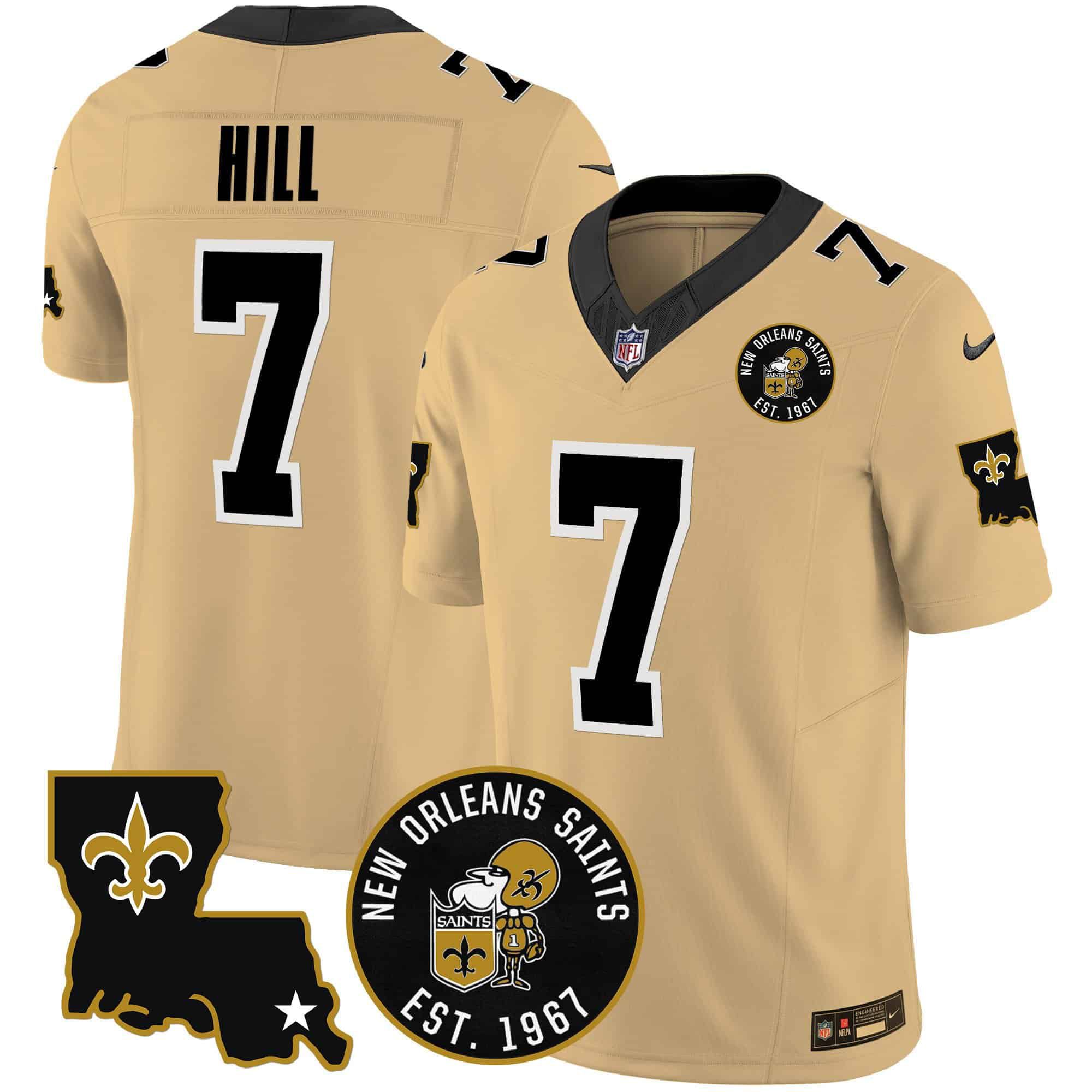 Men New Orleans Saints #7 Hill Yellow 2024 Nike 1967 Patch Vapor Limited NFL Jersey->indianapolis colts->NFL Jersey